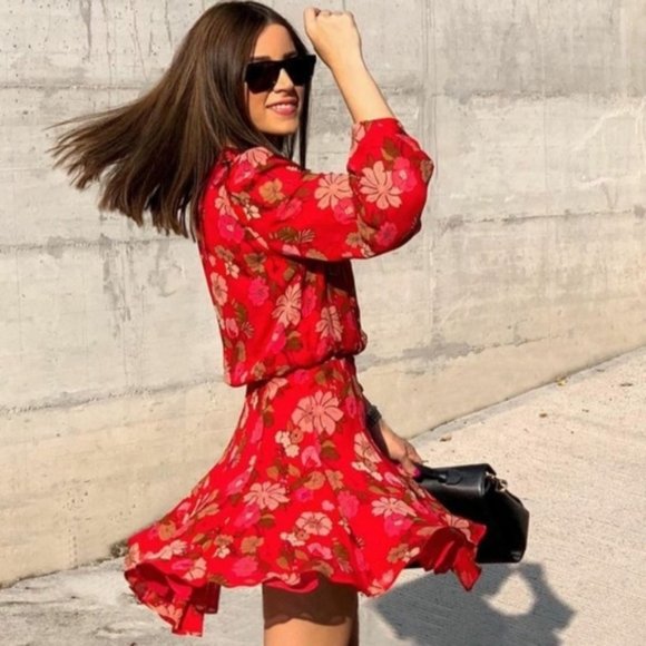 Zara Neck Tie Red Floral Long Sleeve Dress Size XS - Picture 2 of 10